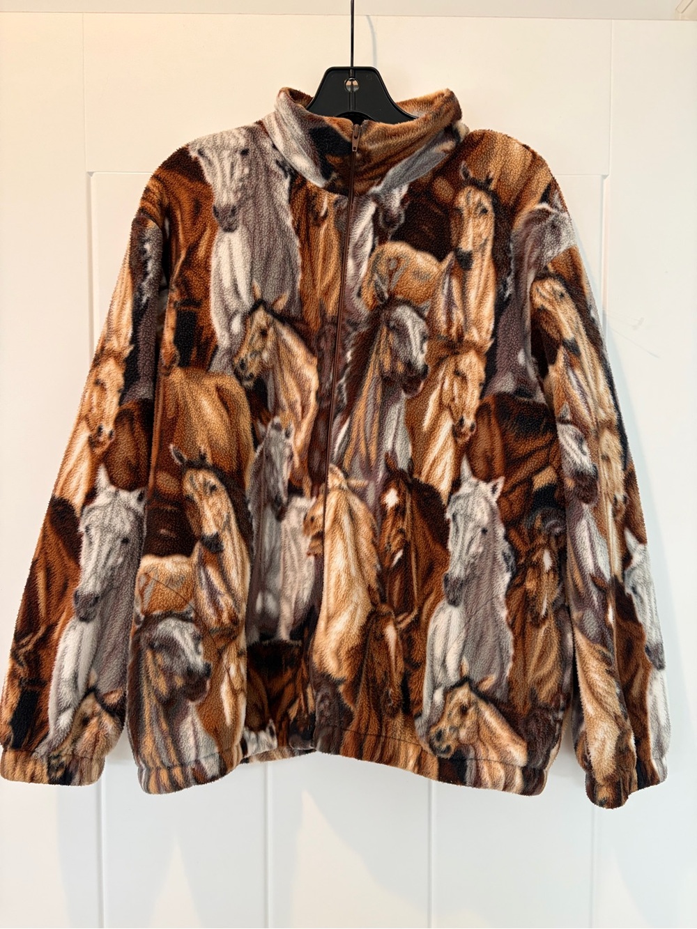 Vintage BonWorth Brown Multi Horse-Print Teddy Zip Jacket